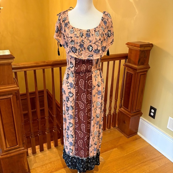 Feminine Festival Romantic Boho Bohemian Floral Tassel Off Shoulder Dress Sz L - Picture 1 of 10